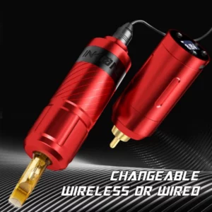 A red wireless tattoo machine with a digital display, shown alongside a wired version of the same machine