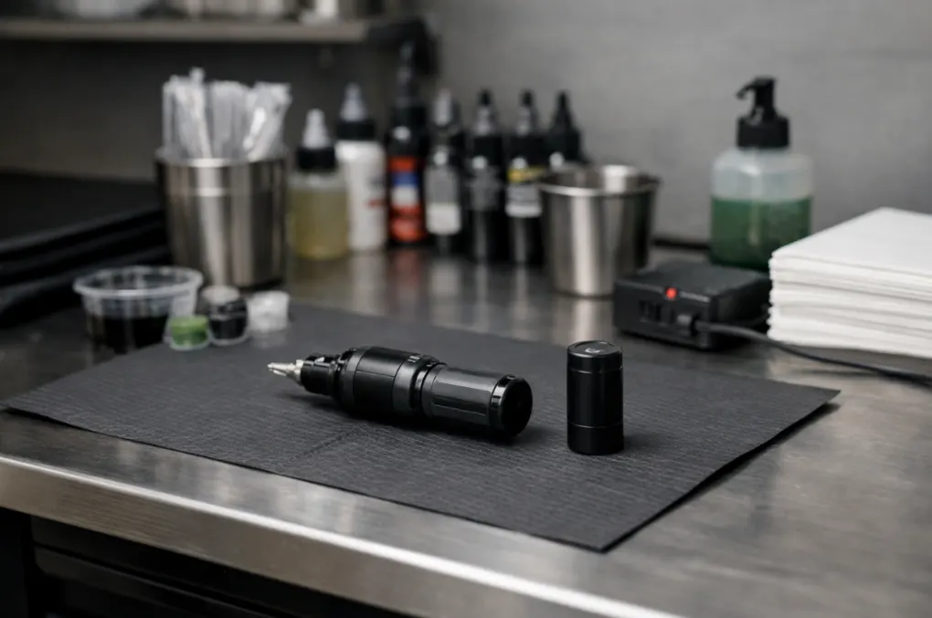 Clean tattoo workstation setup with a wireless tattoo machine and a backup battery prepared for daily sessions