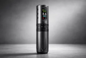 Industrial product image of a professional wireless tattoo machine, highlighting metal construction, balance, and manufacturing quality for studio use