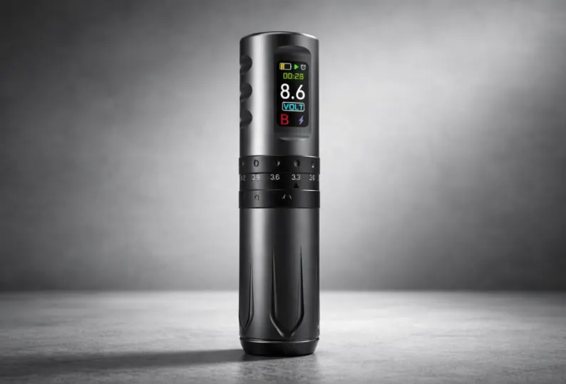 Industrial product image of a professional wireless tattoo machine, highlighting metal construction, balance, and manufacturing quality for studio use