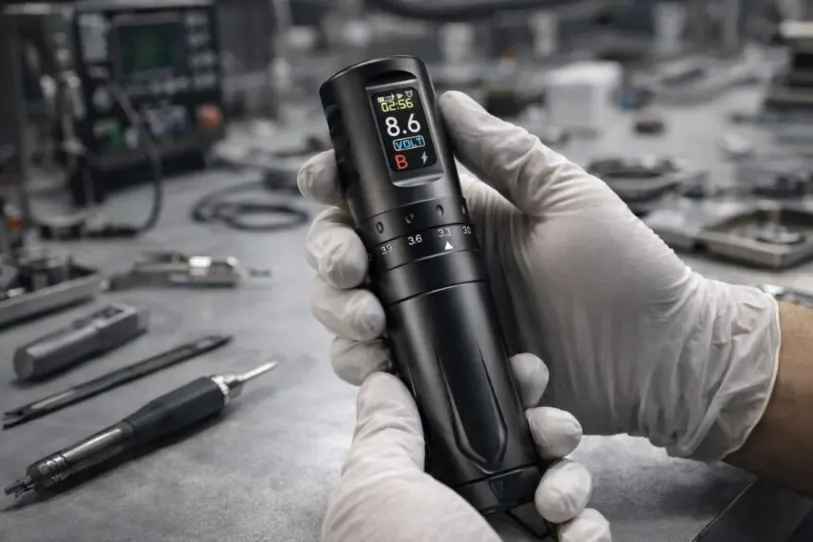 Quality inspection process of wireless tattoo machines during final assembly, focusing on consistency and functional testing