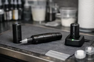 Wireless tattoo machine with one battery in use and a second battery charging on the workbench, showing a two-battery workflow