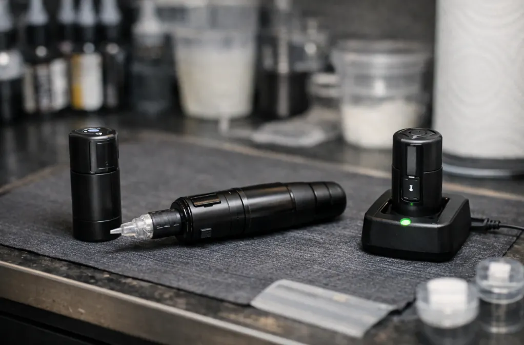 Wireless tattoo machine with one battery in use and a second battery charging on the workbench, showing a two-battery workflow