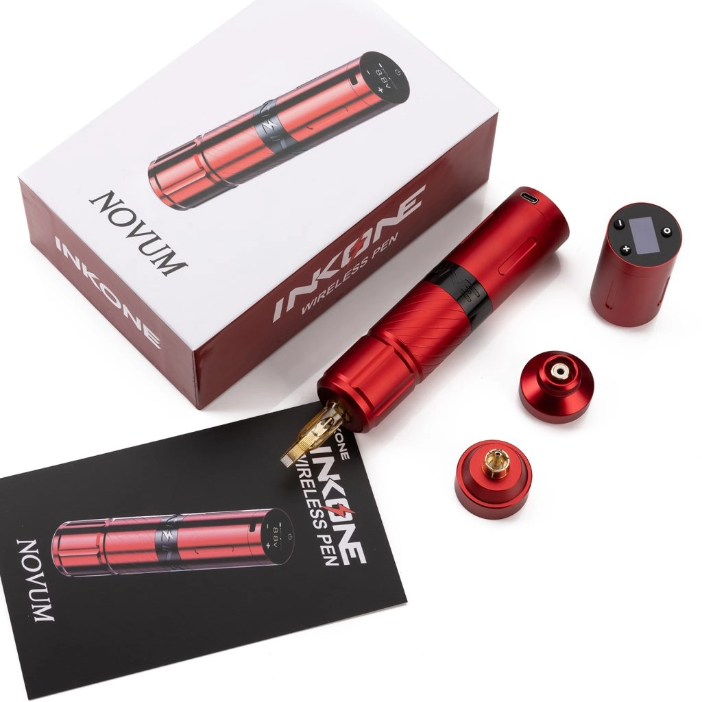 A red wireless tattoo pen with attachments and a box