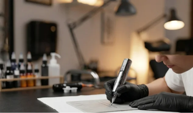 Gloved hand practicing with a wrapped tattoo pen