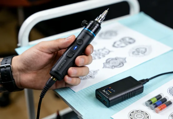 Hand holding a wired tattoo machine beside a power supply.