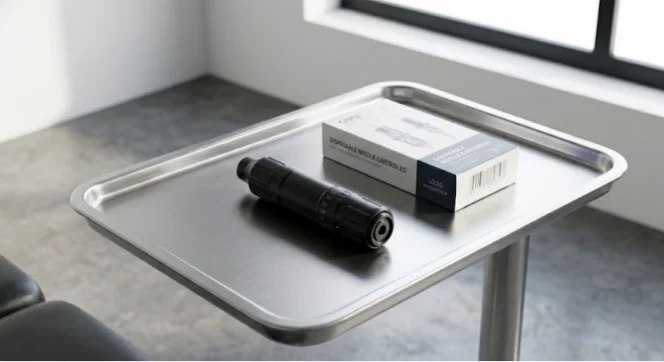 Minimalist tattoo workstation with machine and cartridges on a tray.