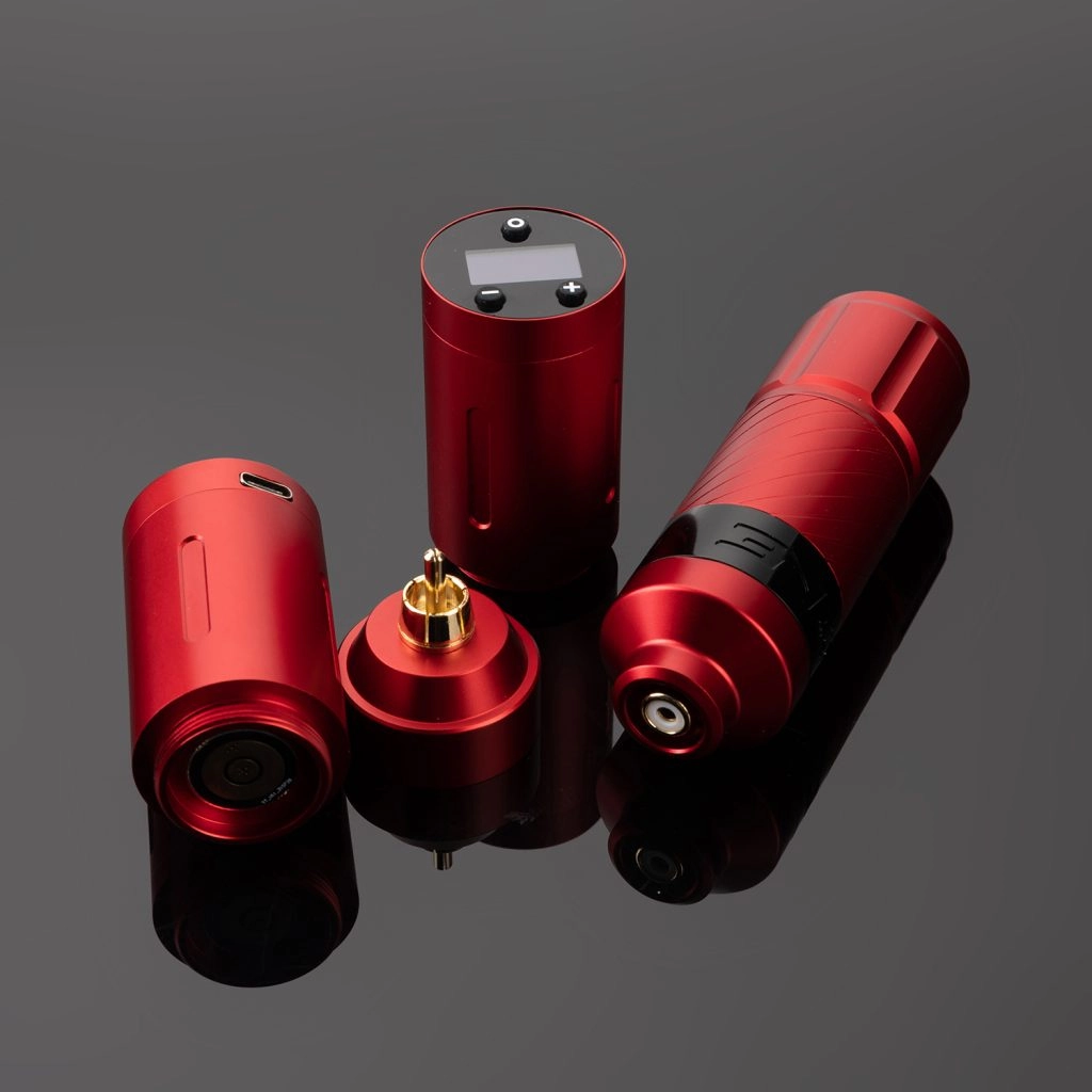 Red wireless tattoo pen and its components