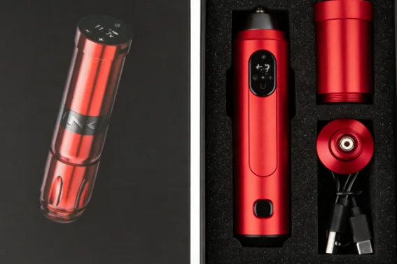 Red wireless tattoo pen kit in its packaging box.