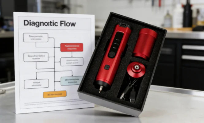 Red wireless tattoo pen kit next to a diagnostic flowchart.