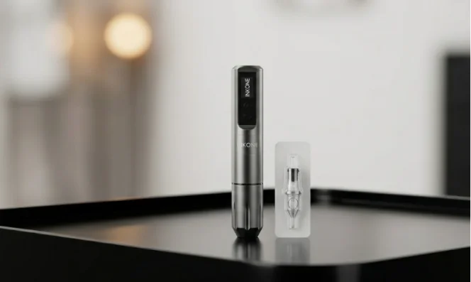 Silver INKONE wireless tattoo pen with cartridge.