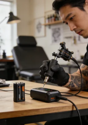 Tattoo artist using a wired tattoo machine at a workstation.