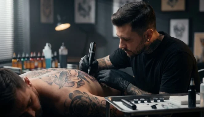 Tattoo artist using a wireless pen on a back piece.