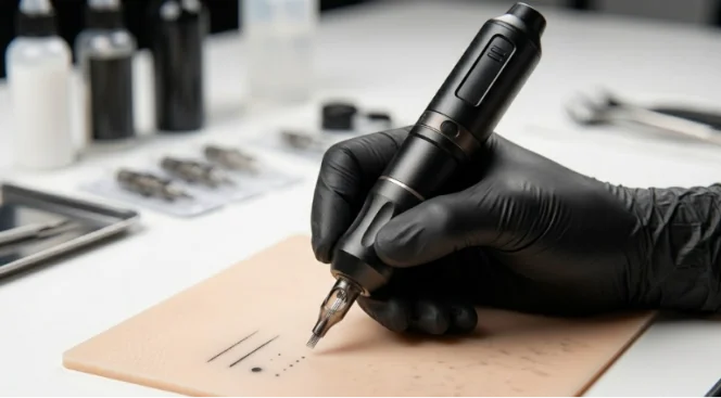 A gloved hand using a wireless tattoo pen on practice skin.