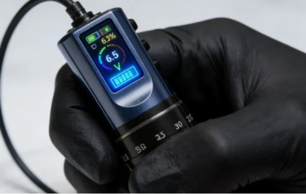 Black gloved hand holding a blue tattoo power supply with a digital screen showing voltage.