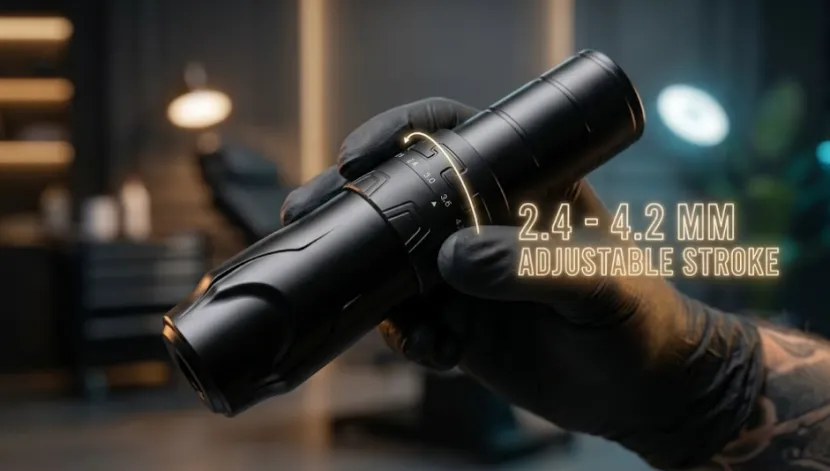 Hand holding a black adjustable stroke tattoo machine.