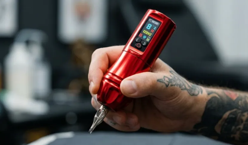 Hand holding a red wireless tattoo machine pen.