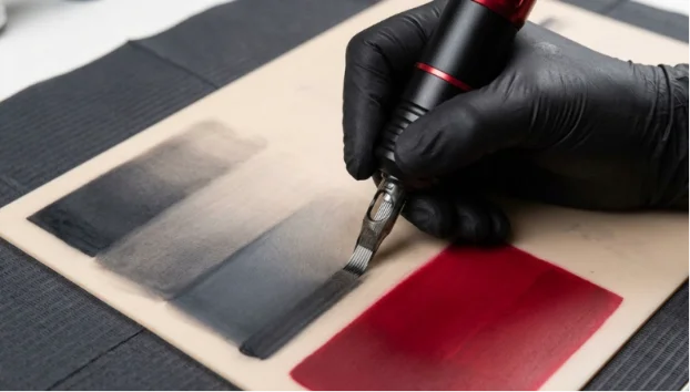 Tattoo artist demonstrating color packing and smooth shading.