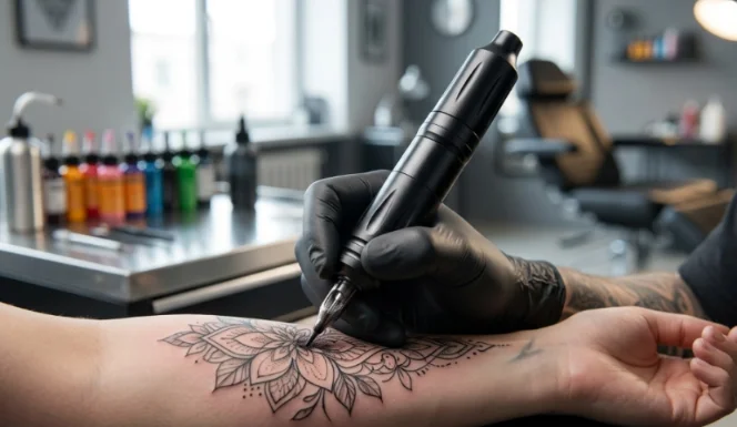 Tattoo artist holding ergonomic pen machine while tattooing skin.