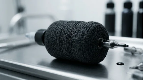 Tattoo machine grip thickly wrapped with black bandage tape on metal tray.