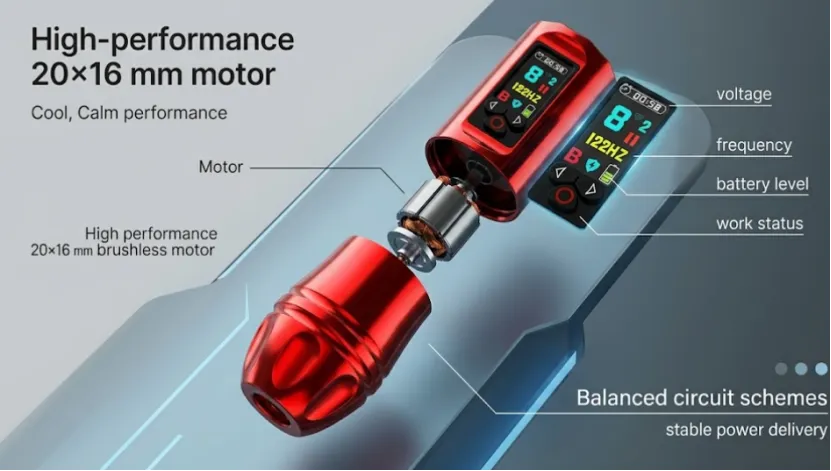 Technical diagram of red wireless tattoo machine motor.