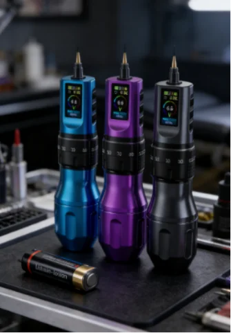 Three colorful digital tattoo pen machines in blue, purple, and grey on a work table with accessories.