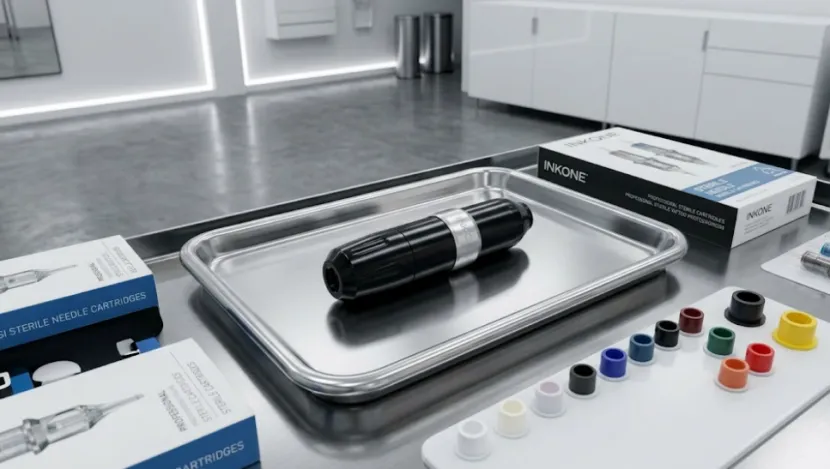 Minimalist wireless tattoo workstation with INKONE pen machine on sterile tray