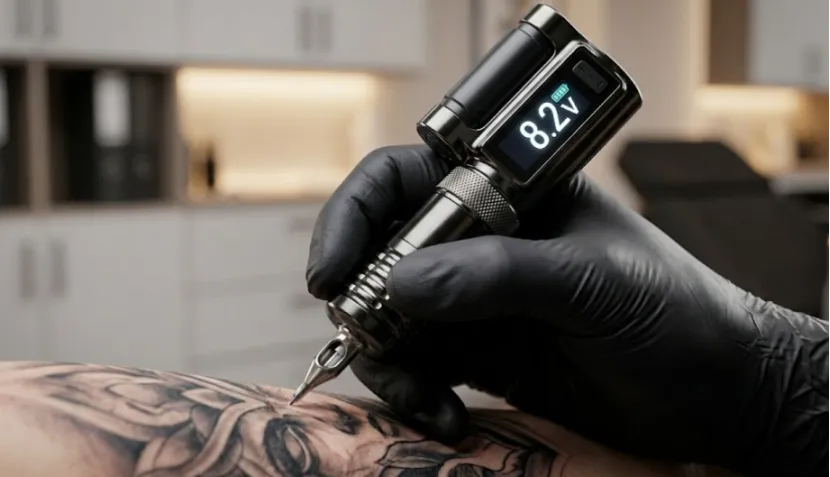 Professional wireless tattoo machine showing 8.5V on LED screen.